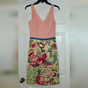 Tabitha Pink Bodice Cream Floral & Teal Peacock Midi Dress
